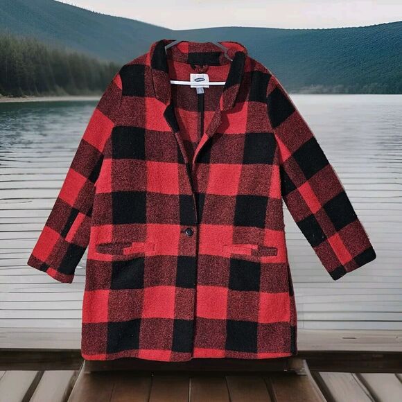 Old Navy Lumberjack Buffalo Plaid Jacket Women's Large Red Black Coat Cabincore - Picture 1 of 12